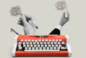 Creative collage of a typewriter with hands drawing scribbles.