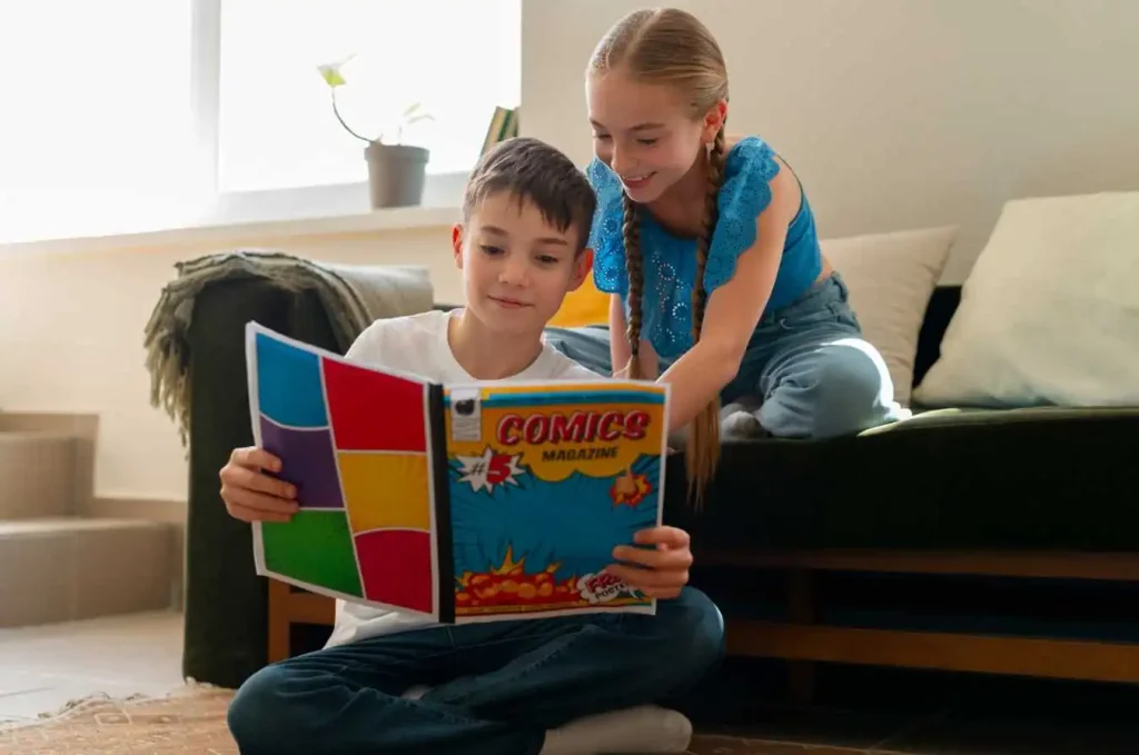 Kids enjoying a colorful comic book